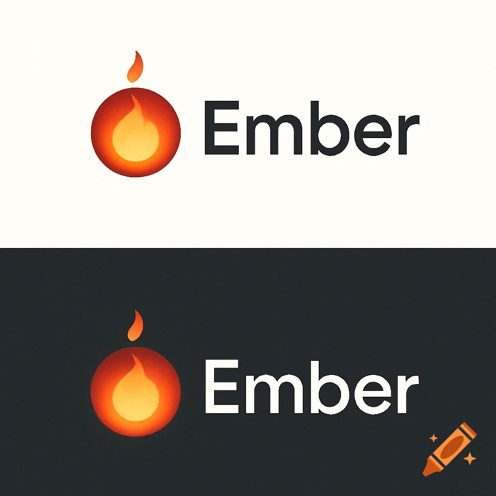 Ember logo: circular orange fire icon with a spark and 'Ember' wordmark, presented on white and dark gray backgrounds.