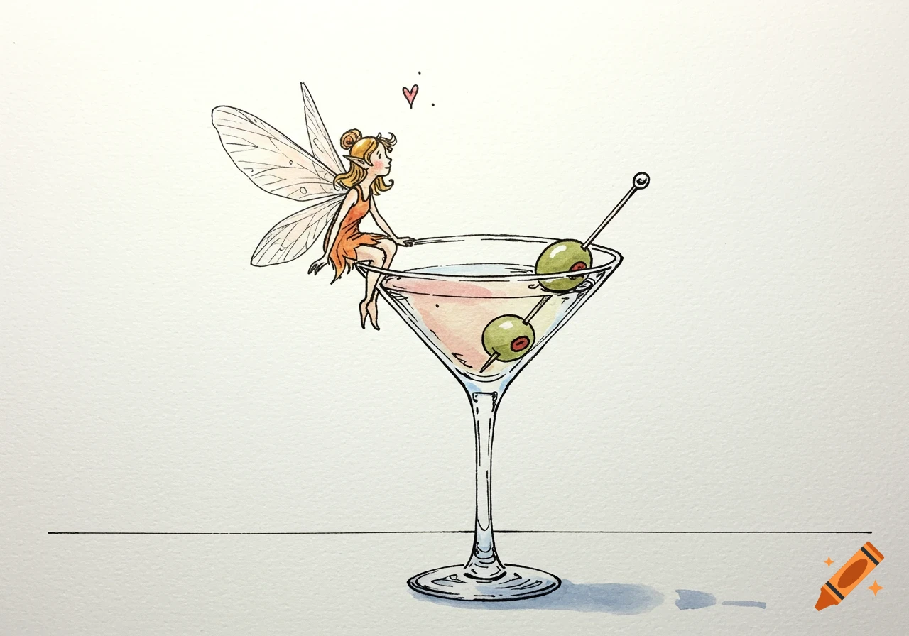 A minimalistic pen and watercolor drawing of a cute pixie sitting on the rim of a martini glass with olives and a heart.