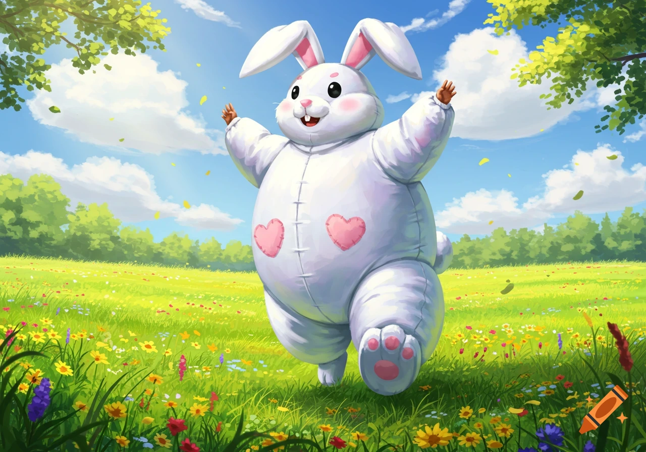 A cute, chubby white rabbit in an inflatable costume with pink hearts on its belly stands in a vibrant flower field under a blue sky.