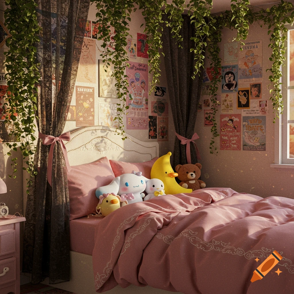 A cozy bedroom with a pink bed, plush toys including Cinnamoroll, a crescent moon, a banana duck, and a teddy bear, draped curtains, and vine-covered walls decorated with posters.