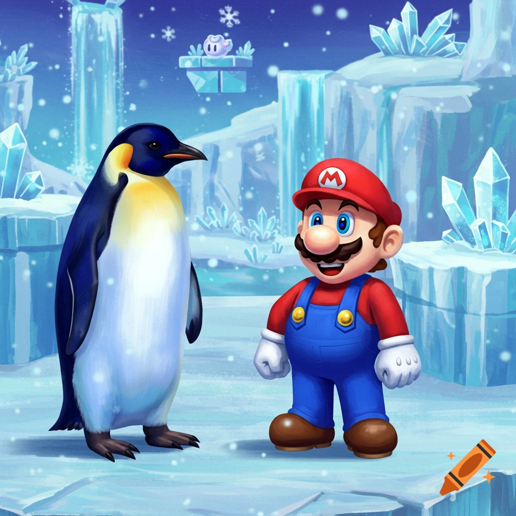 Mario and a penguin stand in a snowy, icy landscape with ice crystals and waterfalls.