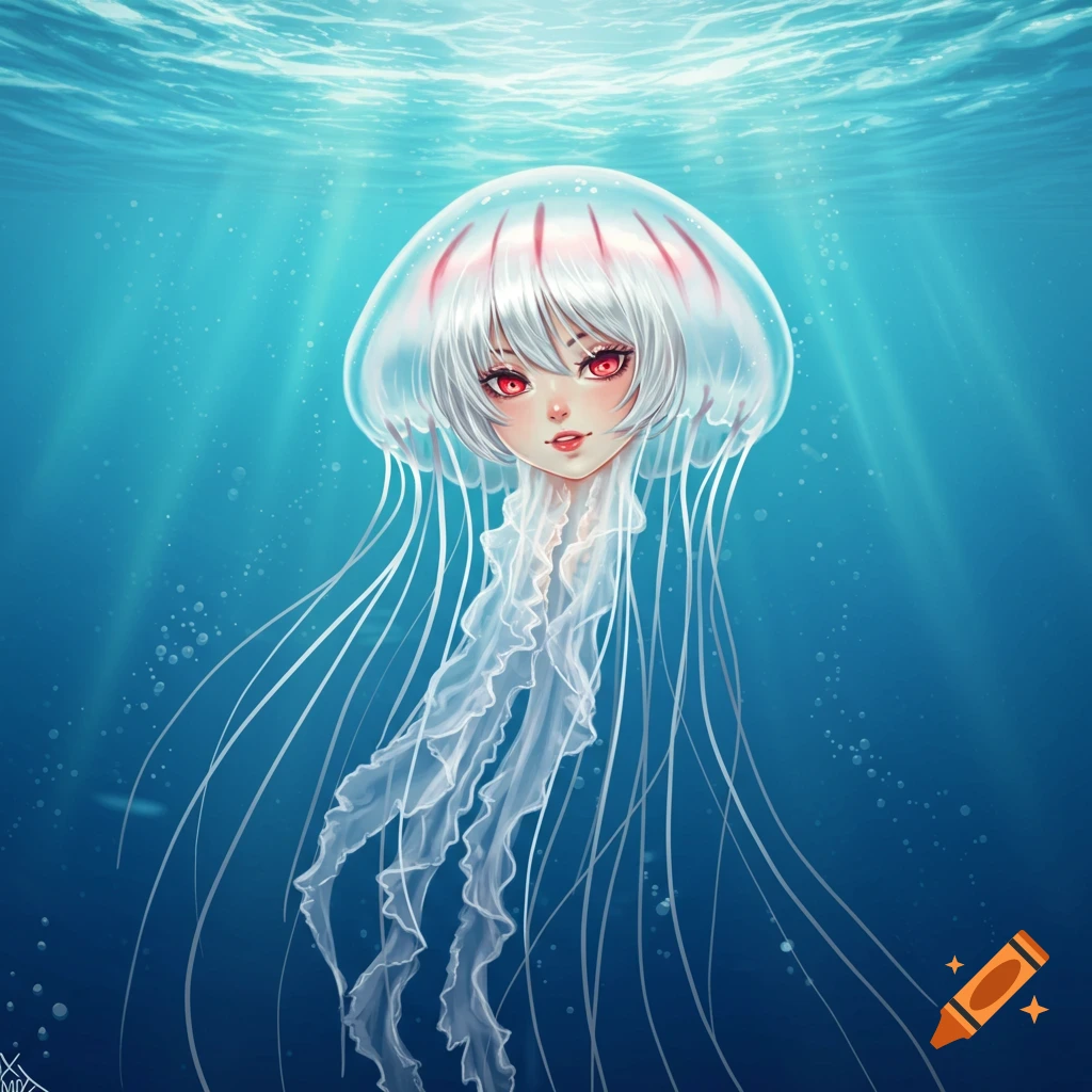 Anime illustration of a jellyfish with a girl's face, white hair, and red eyes, swimming underwater.