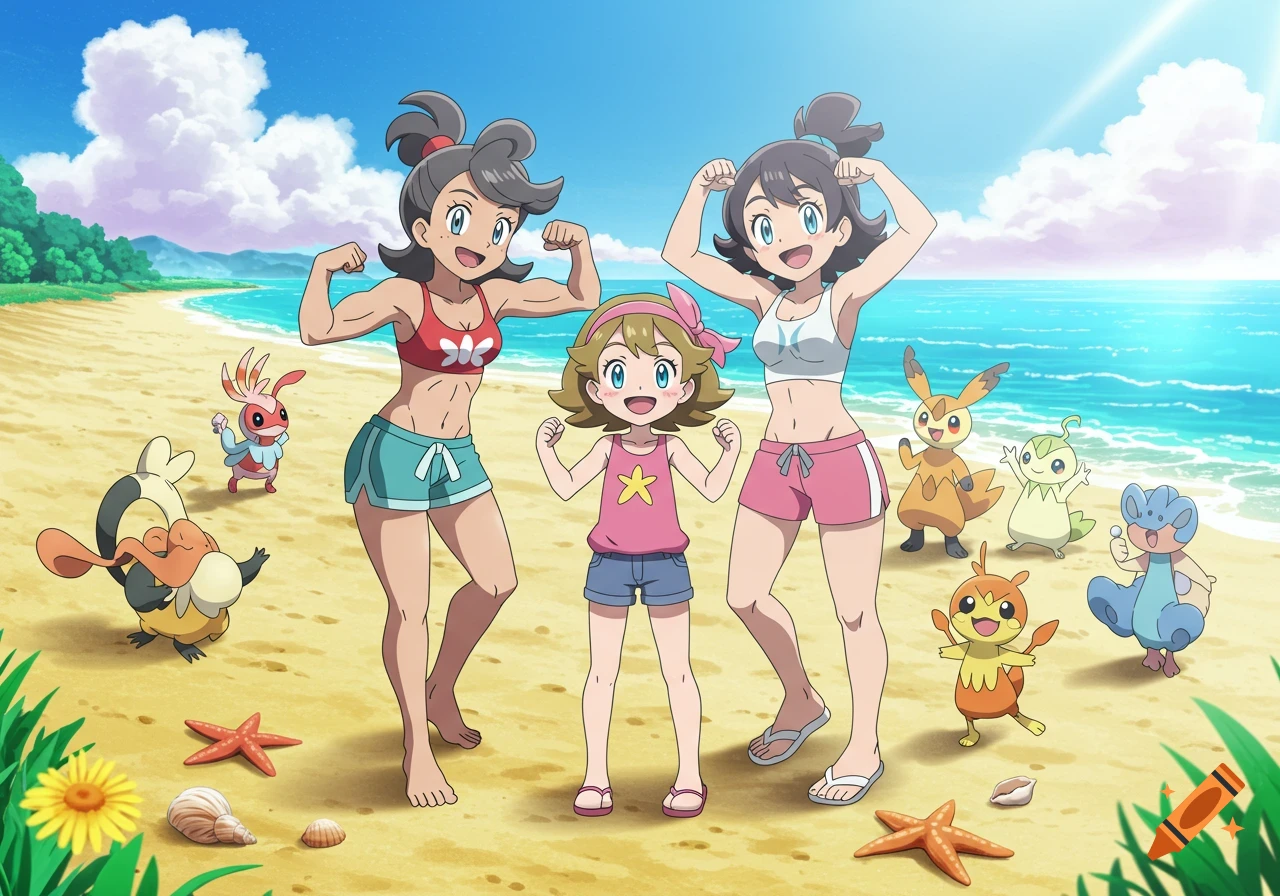 Anime image of two women and a child, Liko's mom and her daughter, flexing muscles on a sunny beach with Pokemon.