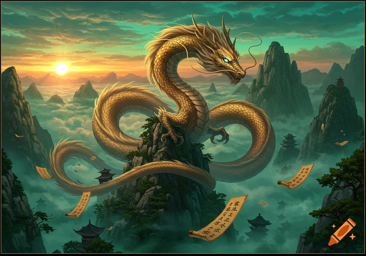 A majestic golden dragon with glowing blue eyes coils around a tall mountain peak amidst a misty, pagoda-filled landscape at sunset, fantasy art.