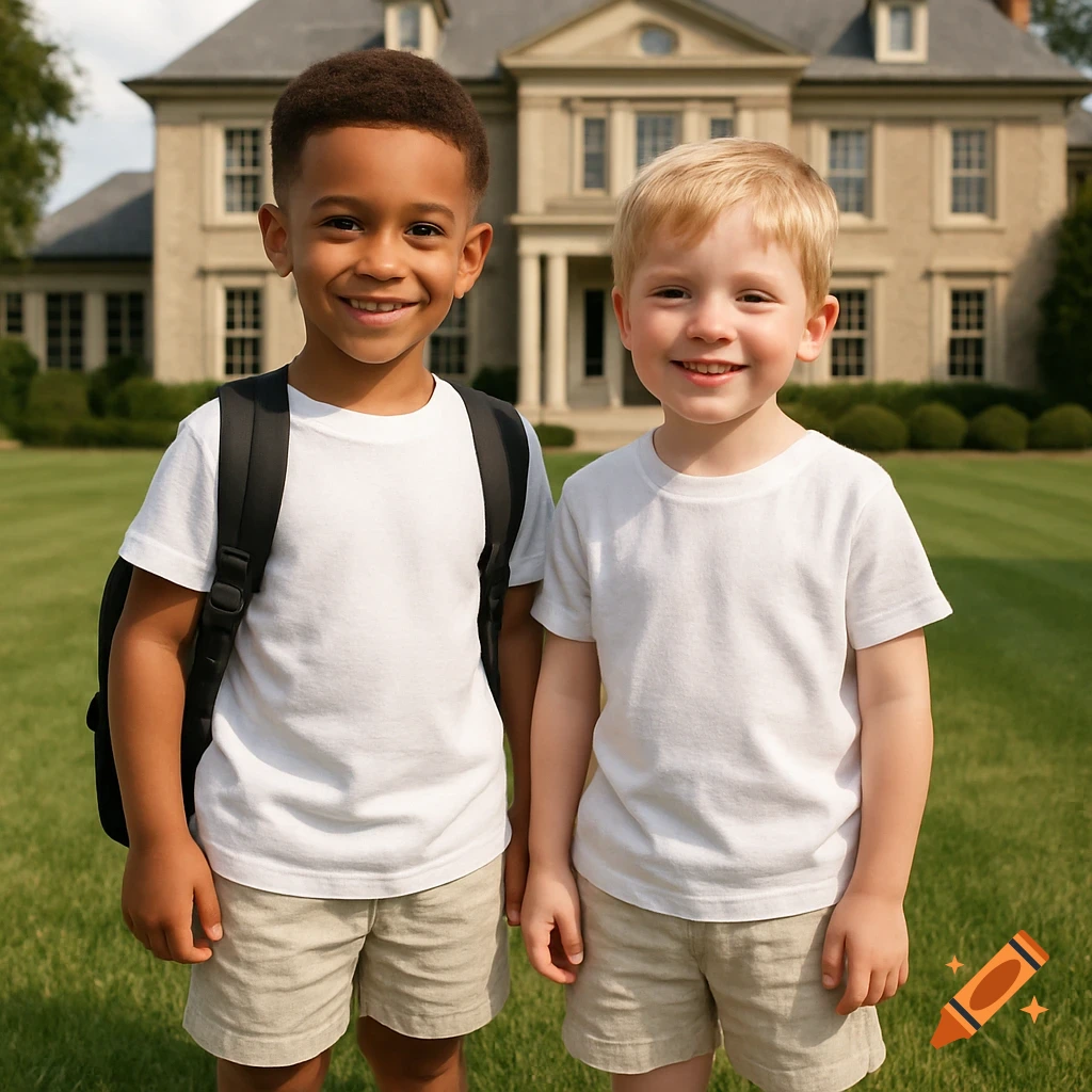 Two smiling young boys, one Black with a backpack and one White, stand in front of a large house.