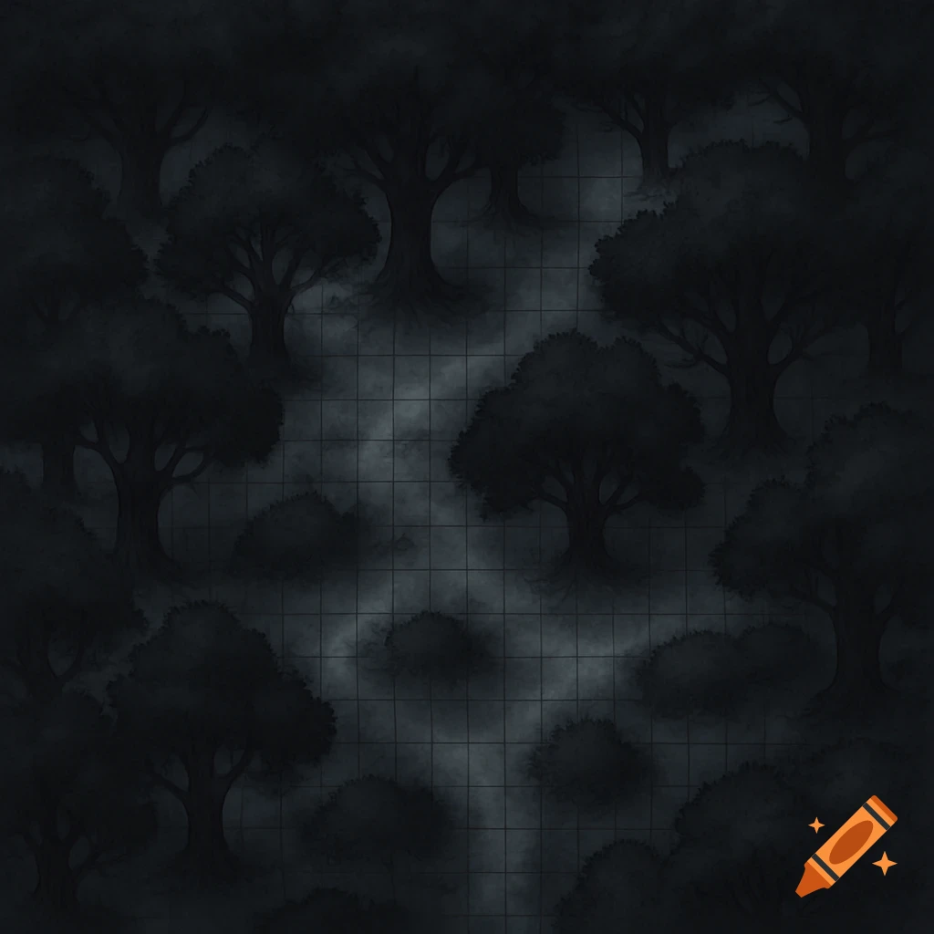 Top-down view of a dark, dense forest D&D battle map with a grid and atmospheric haze.