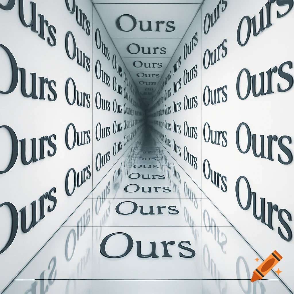 An endless corridor with the word 'Ours' repeating on the walls and floor, creating a mirror effect.