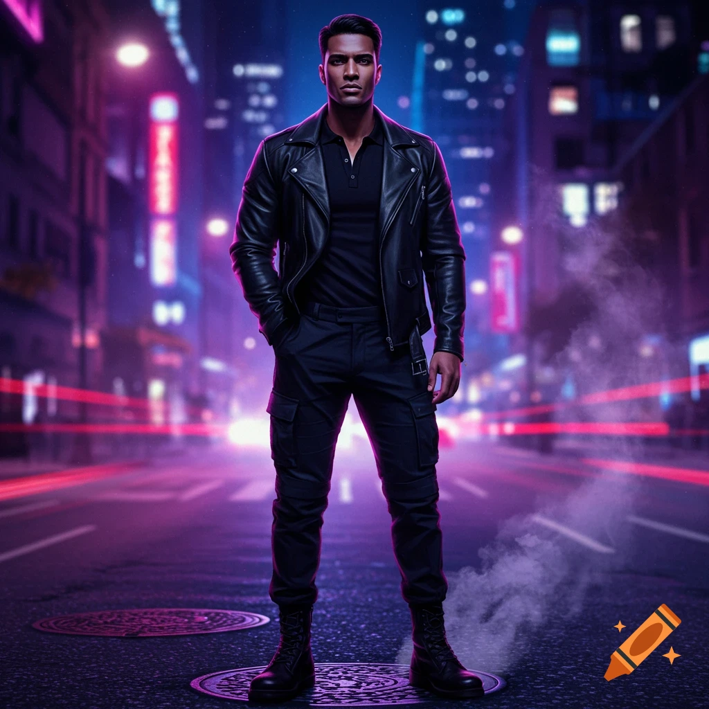 A man in a black leather jacket and cargo pants stands on a city street at night, illuminated by neon lights.