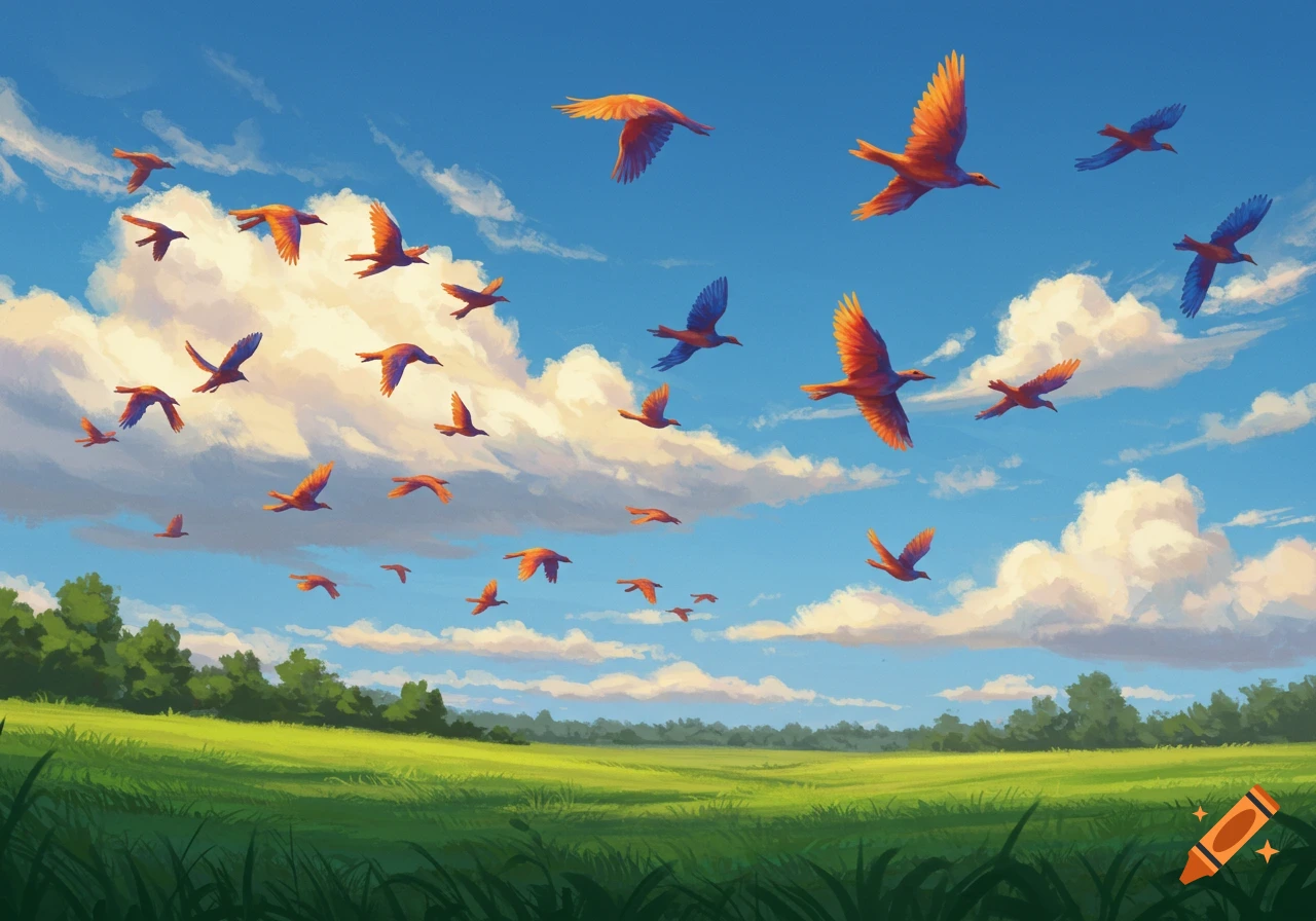 A flock of vibrant orange and blue birds soaring through a bright blue sky with white clouds over a green field.