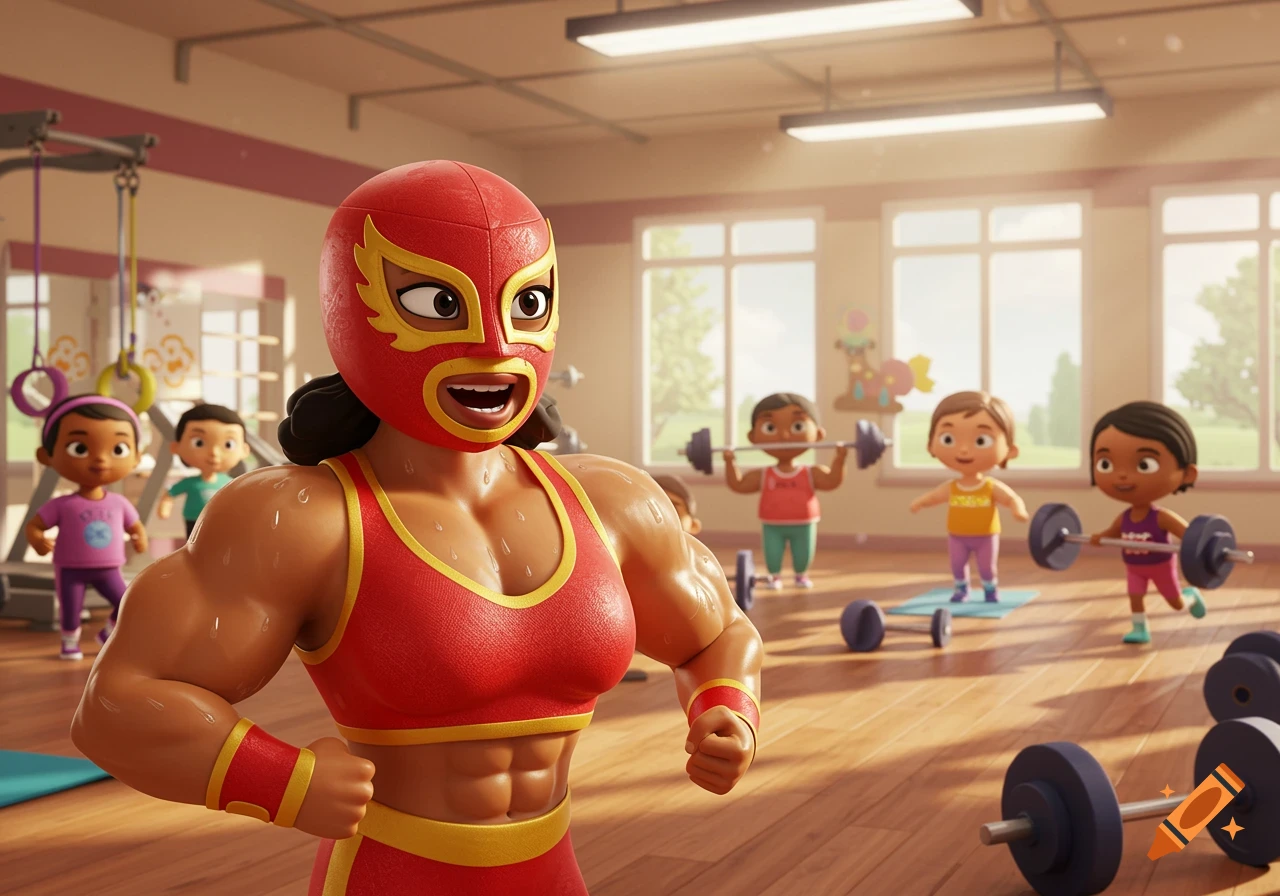 A muscular female luchador in a red mask poses in a gym while cartoon children lift weights in the background, in a 3D animation style.