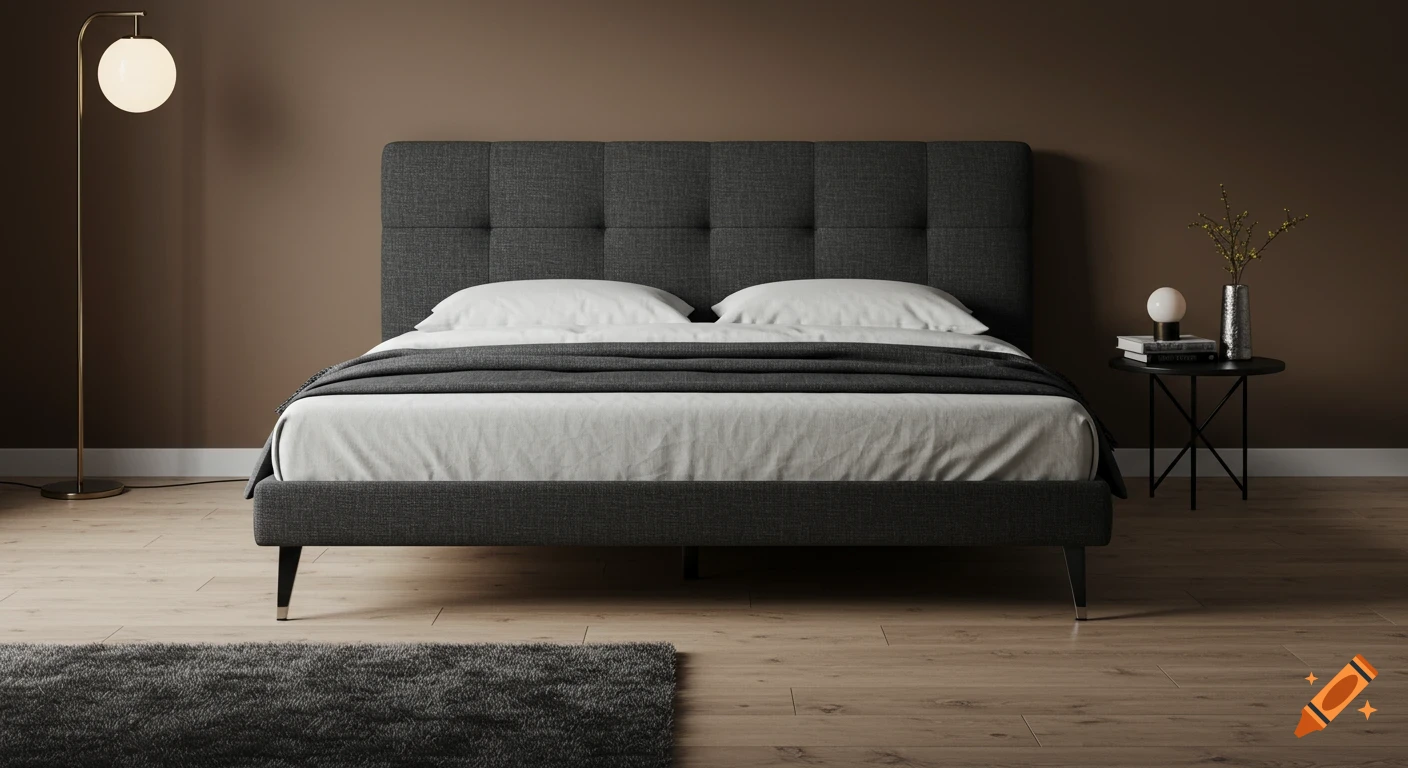 Photorealistic image of a modern queen-sized bed with a dark gray upholstered headboard, white bedding, and a side table.