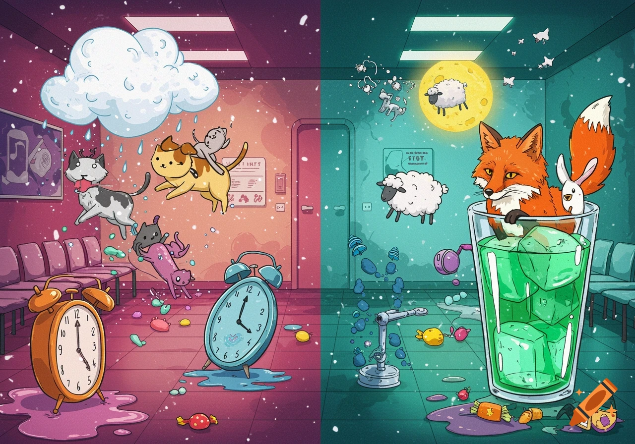 A whimsical cartoon split scene; left shows cats, a dog, and alarm clocks in a pink room, right shows sheep, a fox in a glass, and a rabbit in a green room.