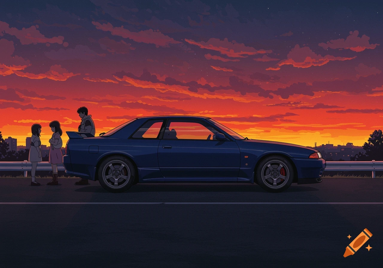 Anime style illustration of a midnight blue 1995 Nissan Skyline GTR parked on a road at sunset, with three people standing beside it.