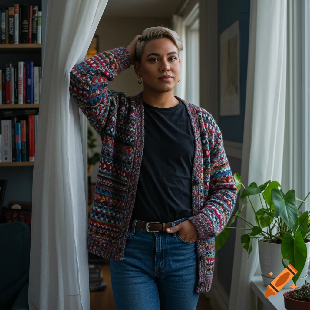 A person with short blonde hair and a colorful patterned cardigan stands by a window with white curtains, a bookshelf, and a plant.