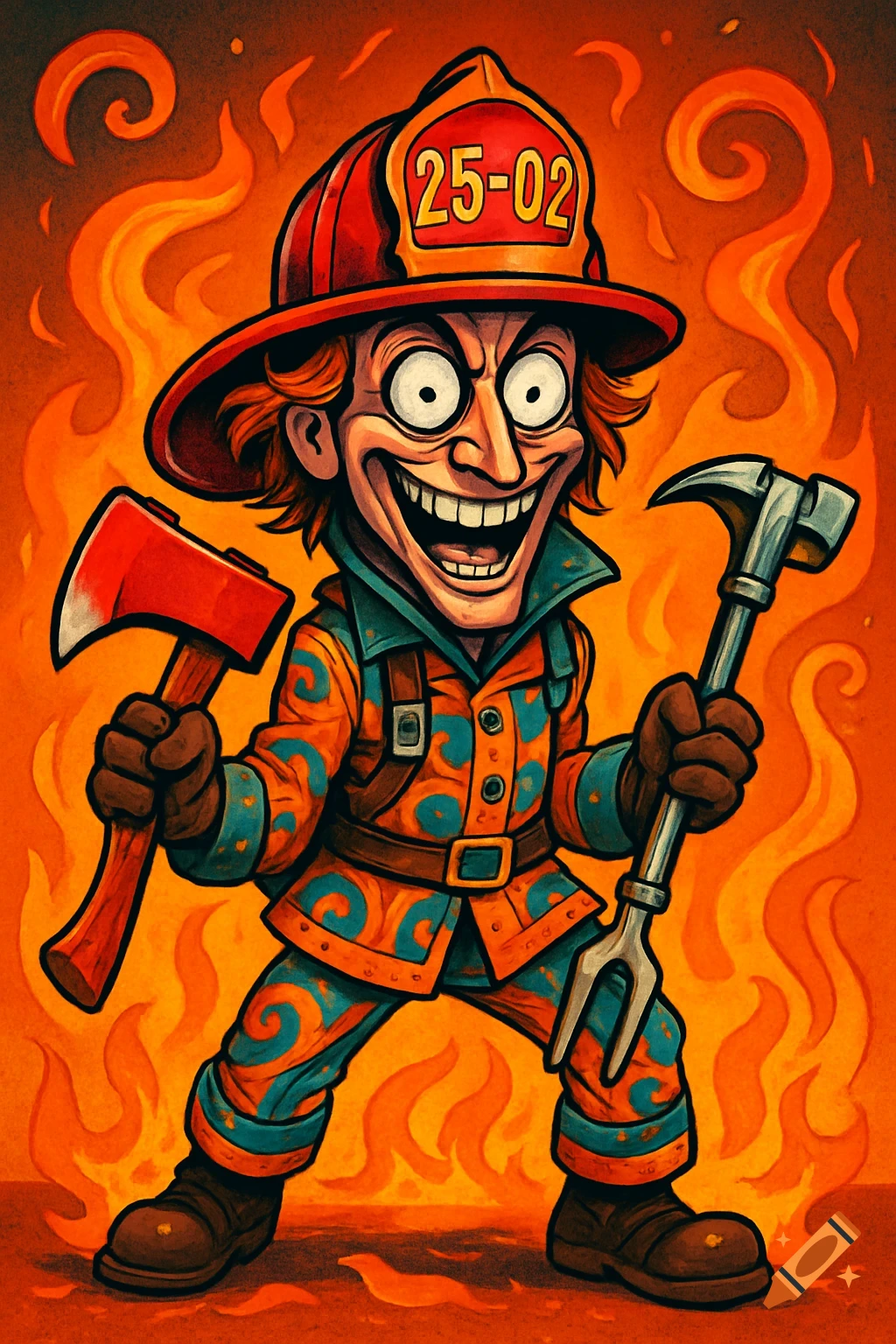 Cartoon Mad Hatter firefighter with a crazy grin holds an axe and a strange hammer-fork tool, surrounded by flames.