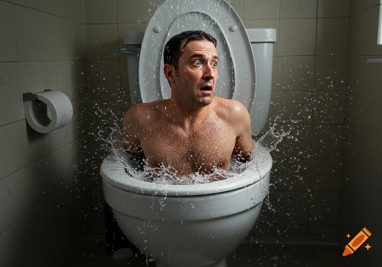 A photorealistic image of a man with a shocked expression emerging from a toilet with water splashing around him in a bathroom.