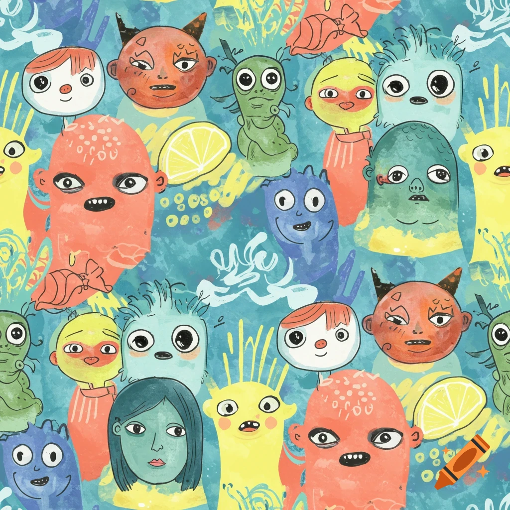 A seamless pattern featuring a whimsical collection of colorful, quirky, cartoon-style monster faces and abstract doodles on a blue watercolor background.