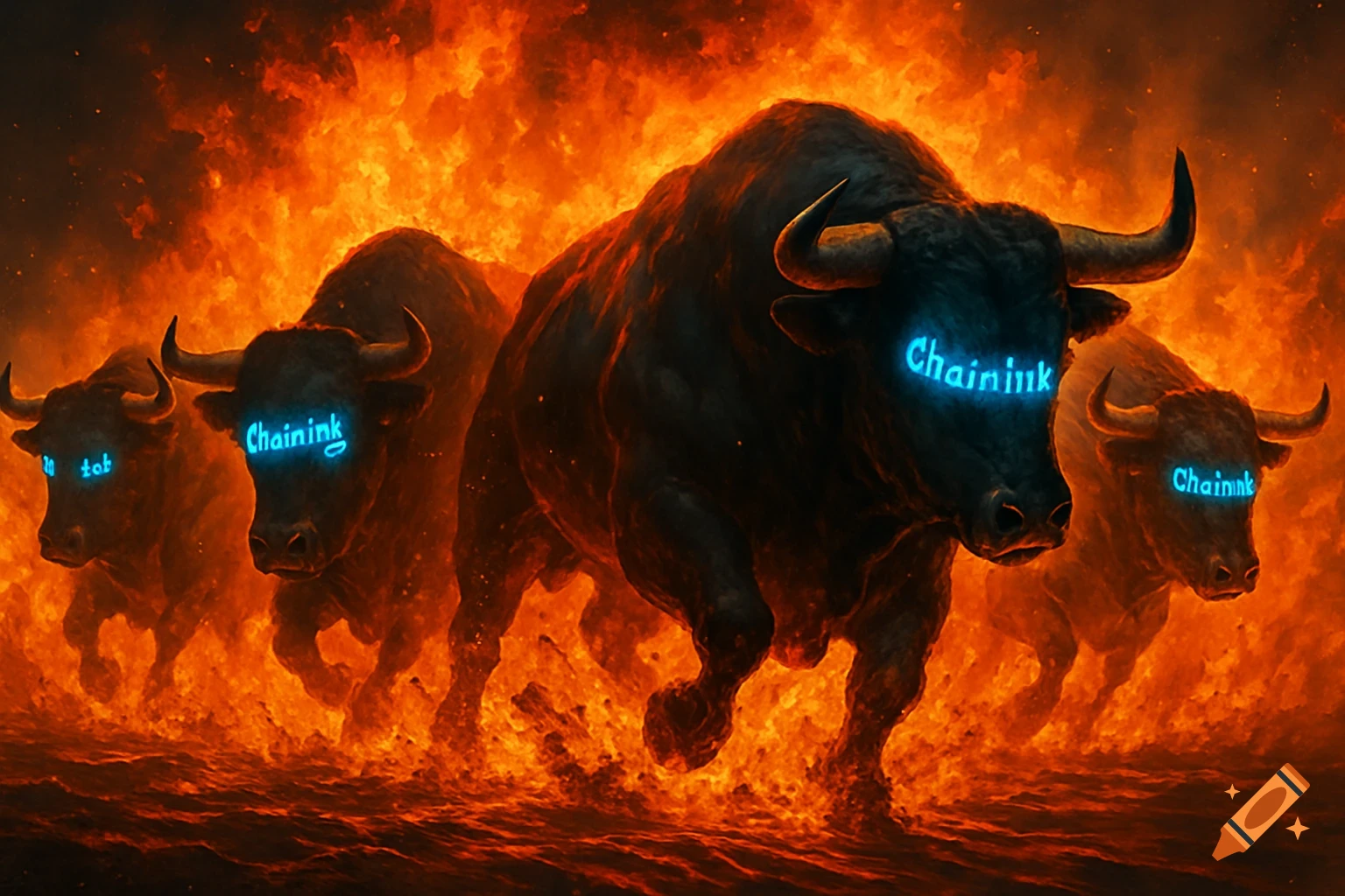 Four dark, muscular bulls with glowing blue "Chainlink" text on their foreheads charge through intense orange flames.