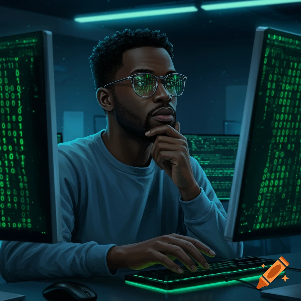 A photorealistic depiction of a Black man with glasses looking intently at green binary code on dual computer monitors in a dark room, with his hand on a glowing keyboard.
