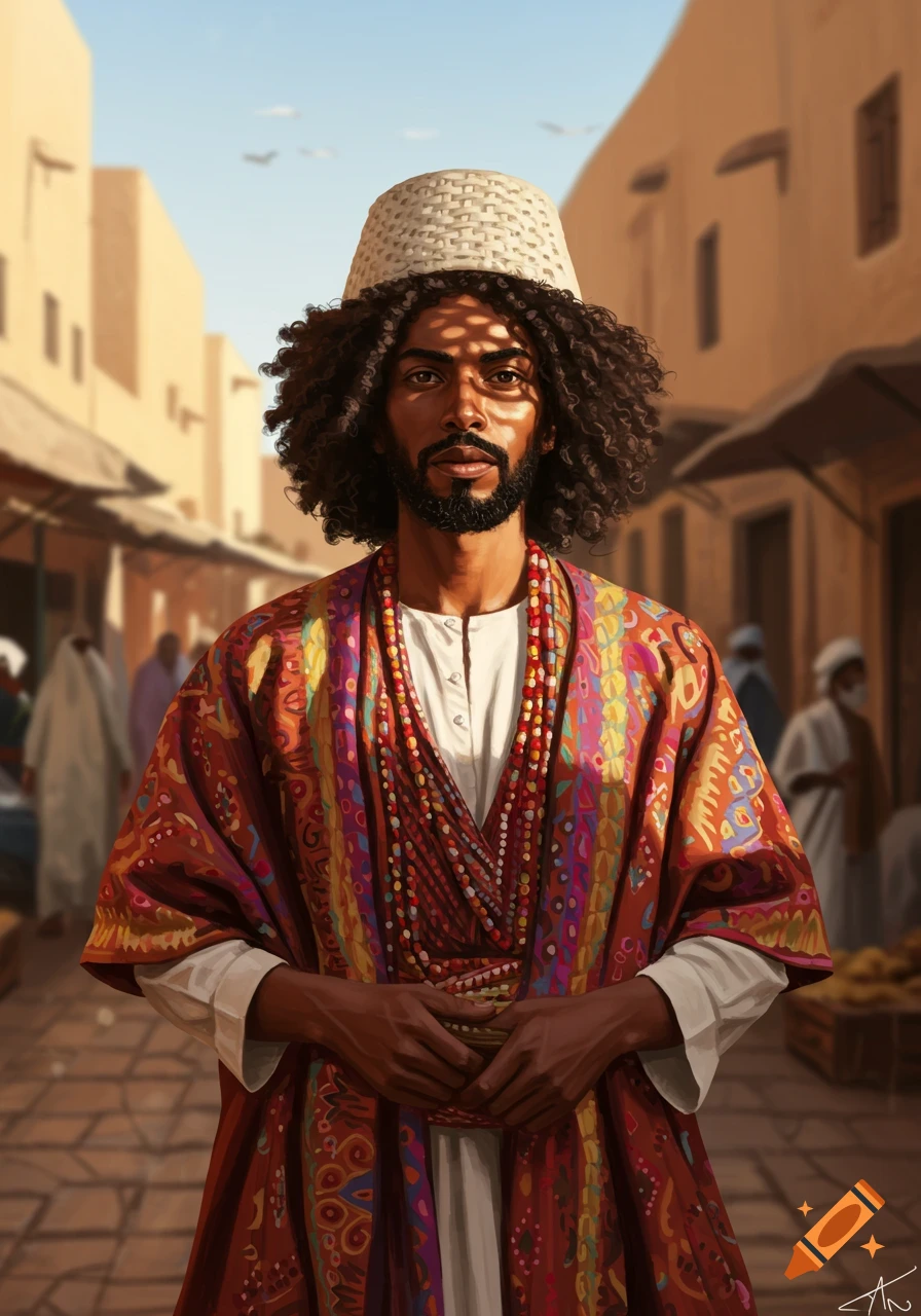 A man with curly dark hair and a beard, wearing a white woven hat and a vibrant patterned robe, stands in a sunny, bustling market in this digital painting.