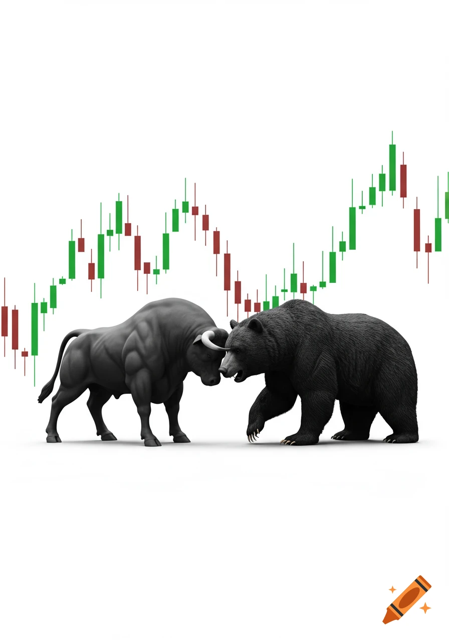 A bull and a bear face each other in front of a green and red candlestick stock market chart on a white background, symbolizing financial trading.
