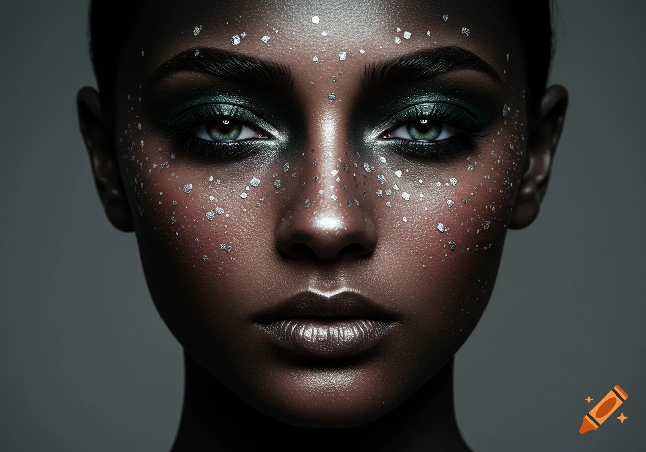Close-up of a person with dark skin, smoky black and green eyeshadow, silver freckles, and metallic lips.