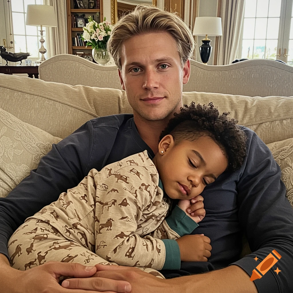 A blonde-haired man sits on a couch, holding a sleeping child with an afro buzzcut wearing horse-patterned pajamas.