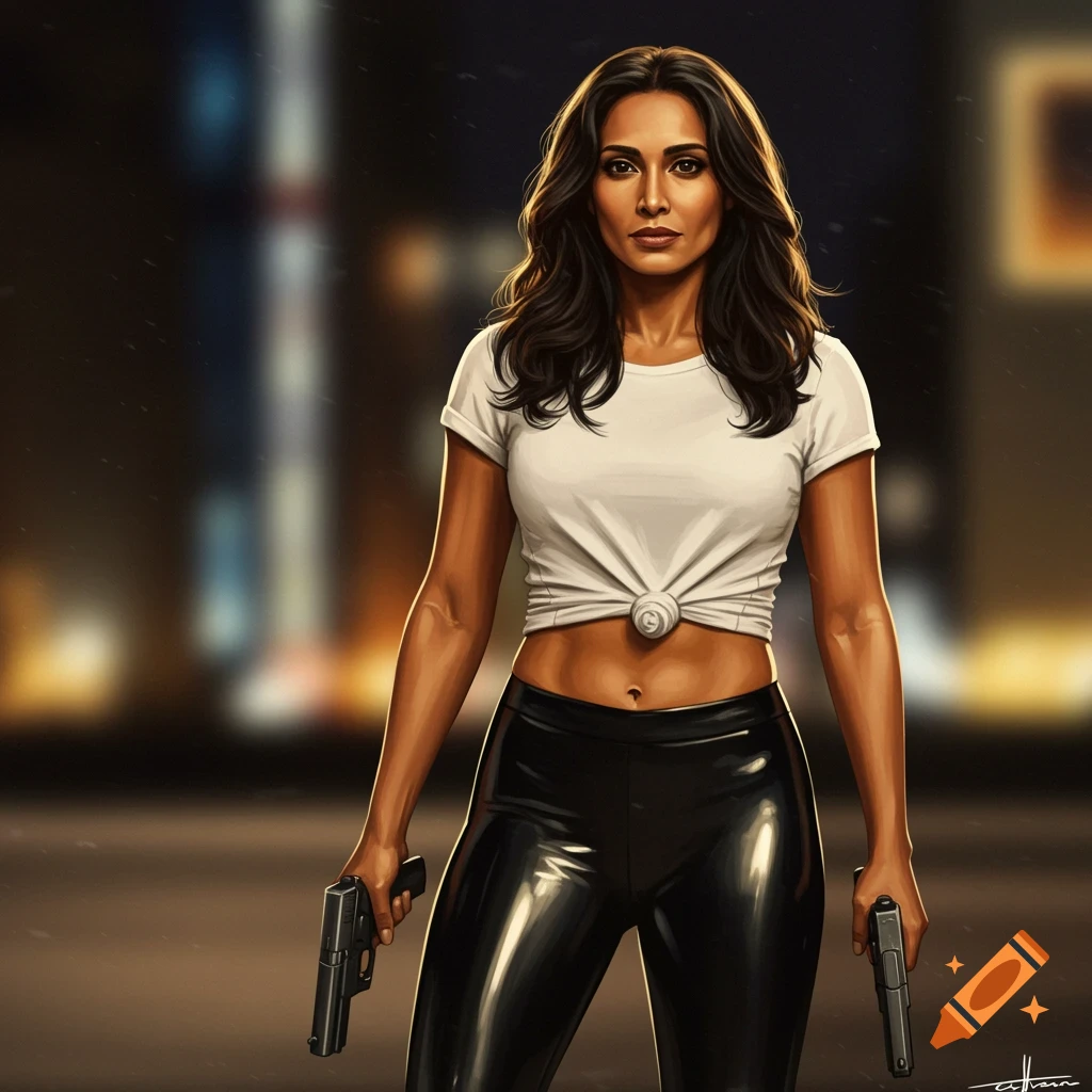 A woman with dark hair in a white knotted t-shirt and black shiny pants holds two pistols in an urban night setting, digital art.