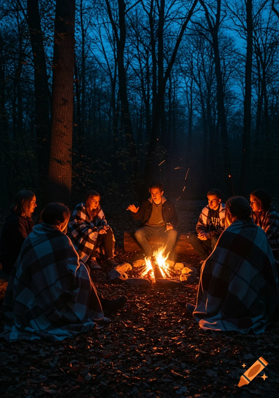A group of friends wrapped in blankets sitting around a bright campfire in a dark forest, listening to one person tell a story.