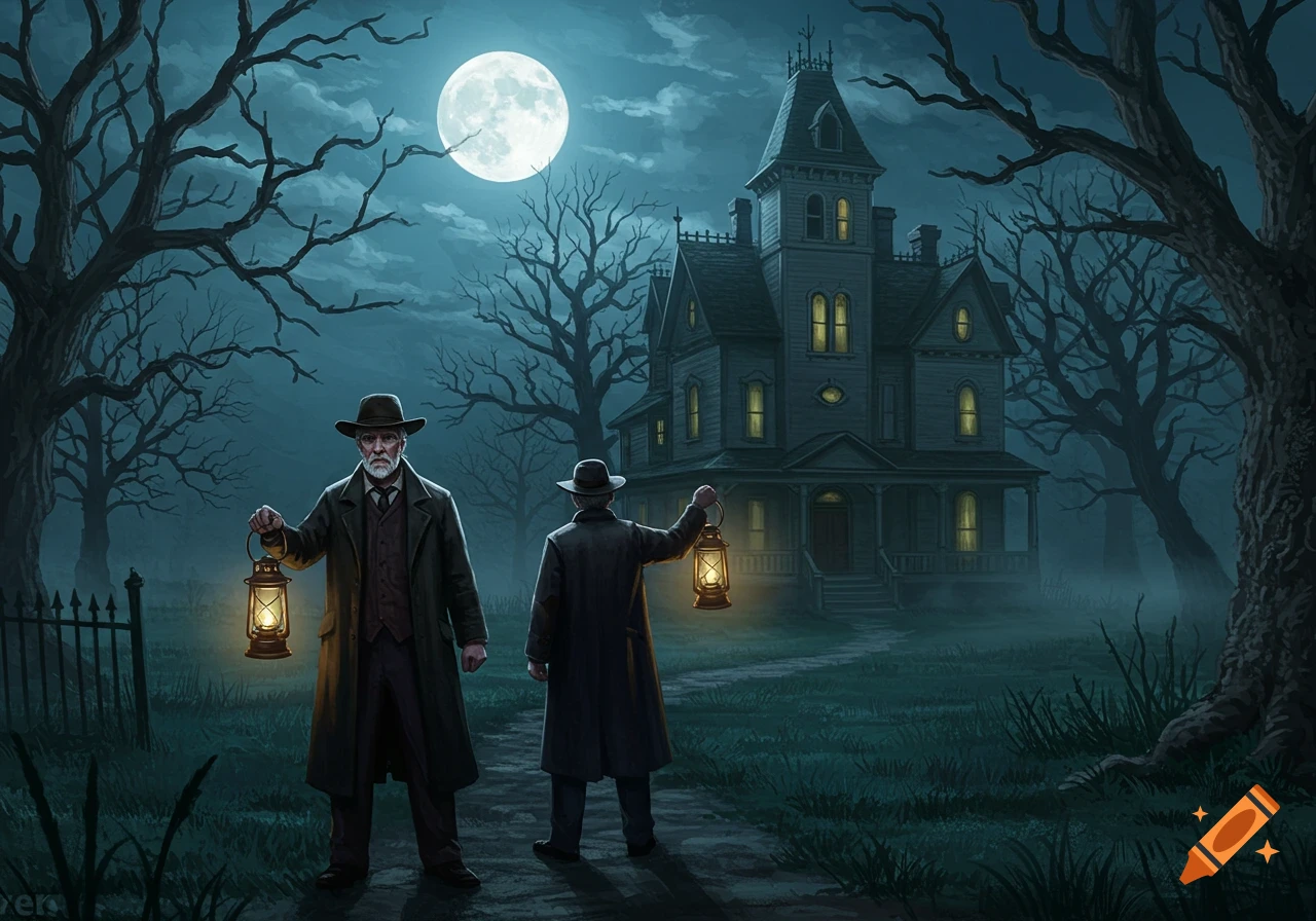 Two men in coats and hats hold lanterns on a path leading to a grand, spooky Victorian house under a full moon, surrounded by bare trees.