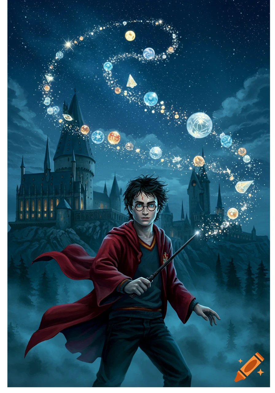 Harry Potter casts a spell with a wand, sending a swirling trail of magical orbs into the night sky over Hogwarts castle.