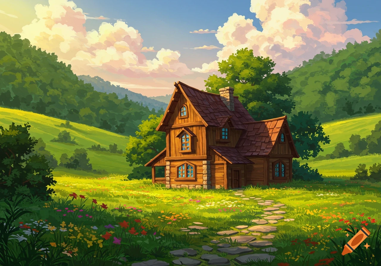 A charming wooden house with a red roof nestled in a vibrant green valley, surrounded by colorful wildflowers under a sunny sky.