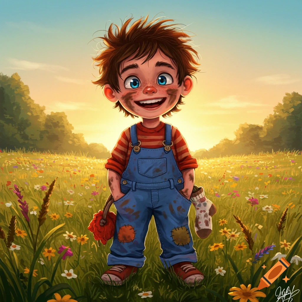 A smiling cartoon boy with messy hair and a dirty face, wearing blue overalls, stands in a vibrant wildflower field at sunset.