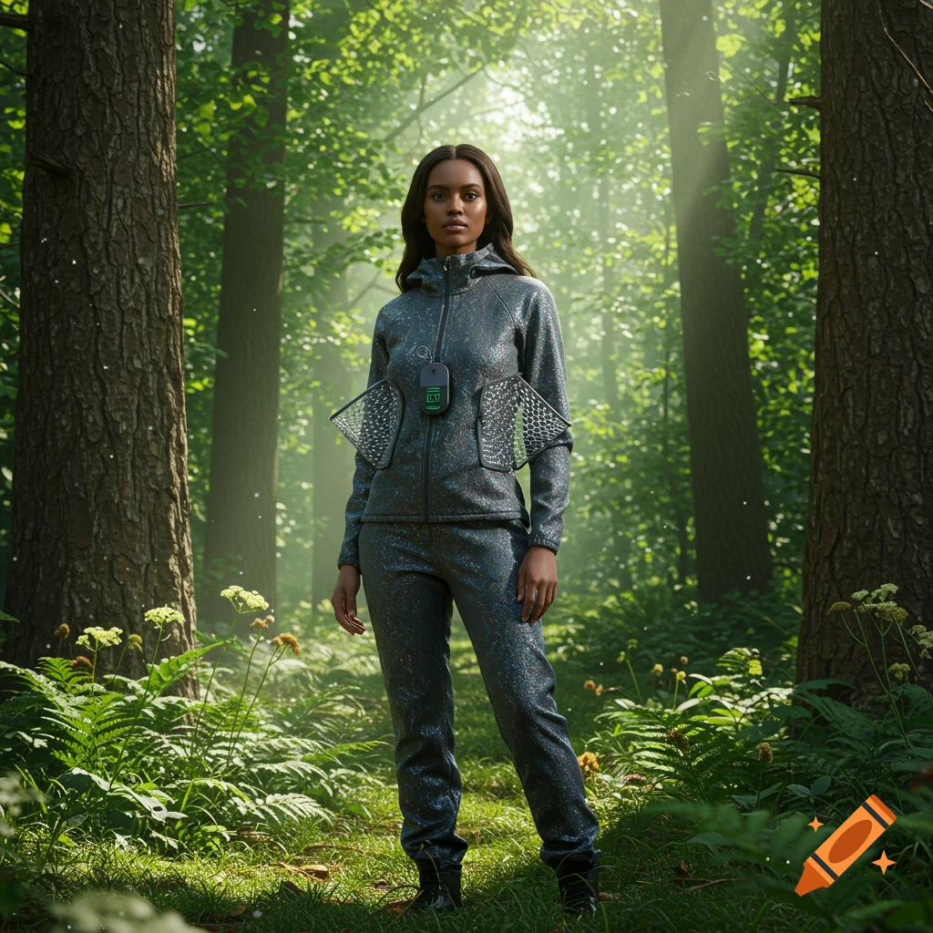 A woman in futuristic-looking, shimmering grey-blue activewear stands in a sunlit forest.