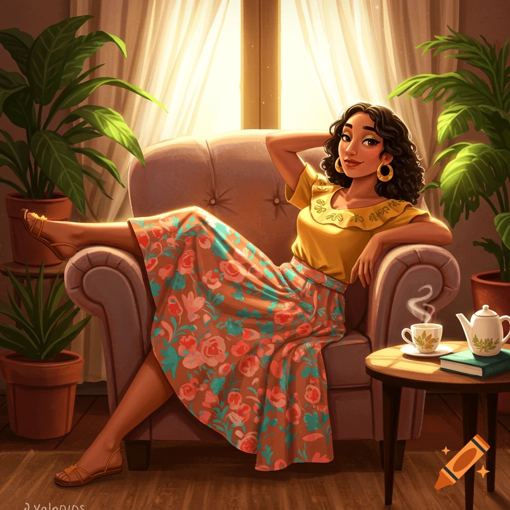 Illustration of a Latina woman in a floral skirt and yellow top, lounging in an armchair by a sunny window with houseplants.