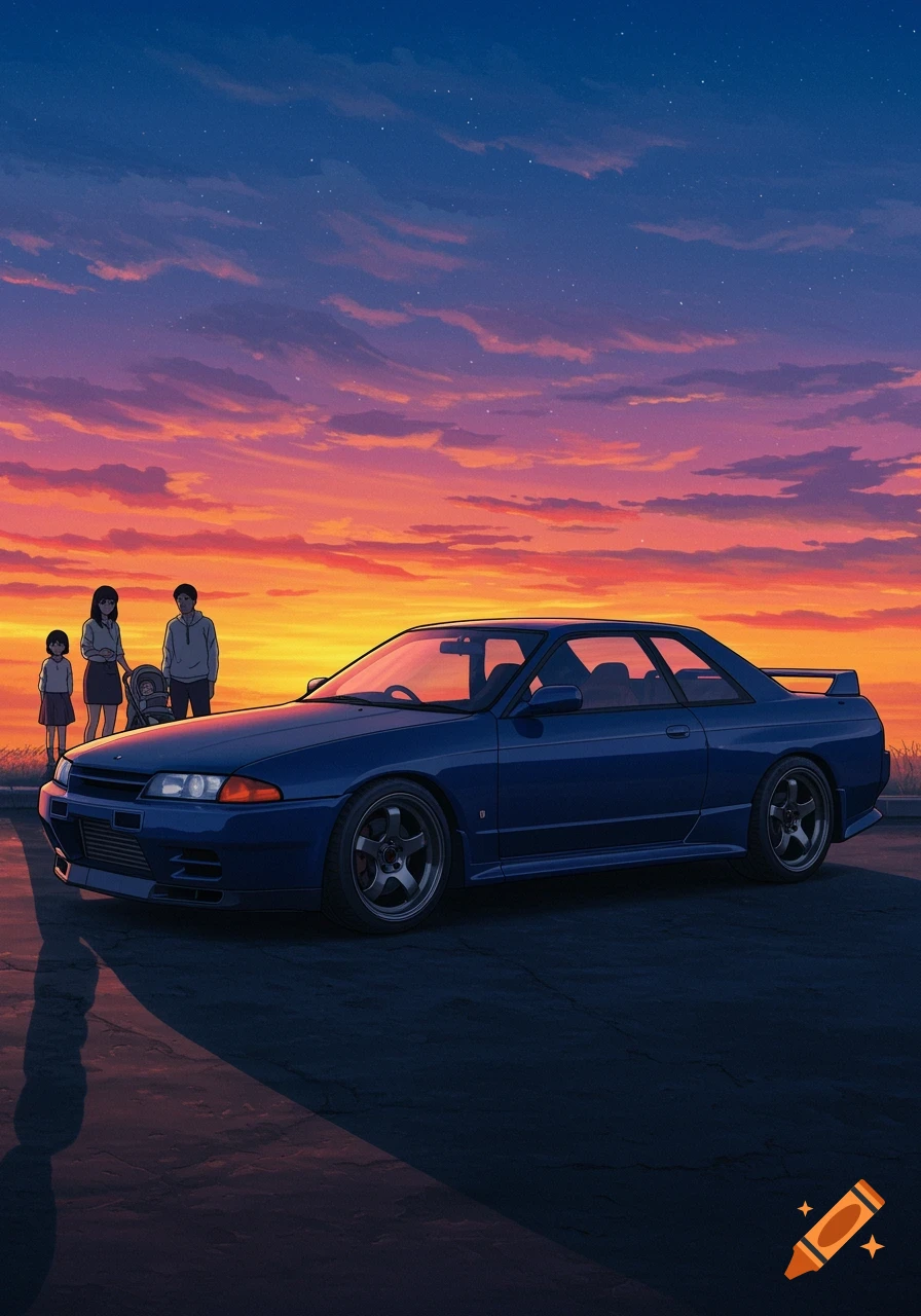 Anime style drawing of a midnight blue Nissan Skyline GTR with gunmetal wheels, with a family silhouette against a sunset.