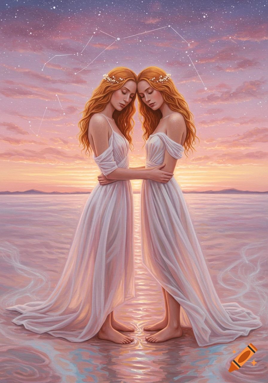 Two red-haired women in white dresses embrace in shallow water at sunset under a starry sky with constellations, painted in an ethereal style.