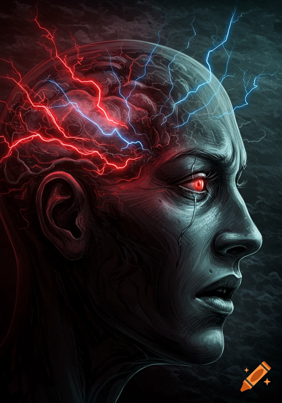 Dark digital painting of a human head in profile with red and blue lightning striking from the brain, and a glowing red eye.