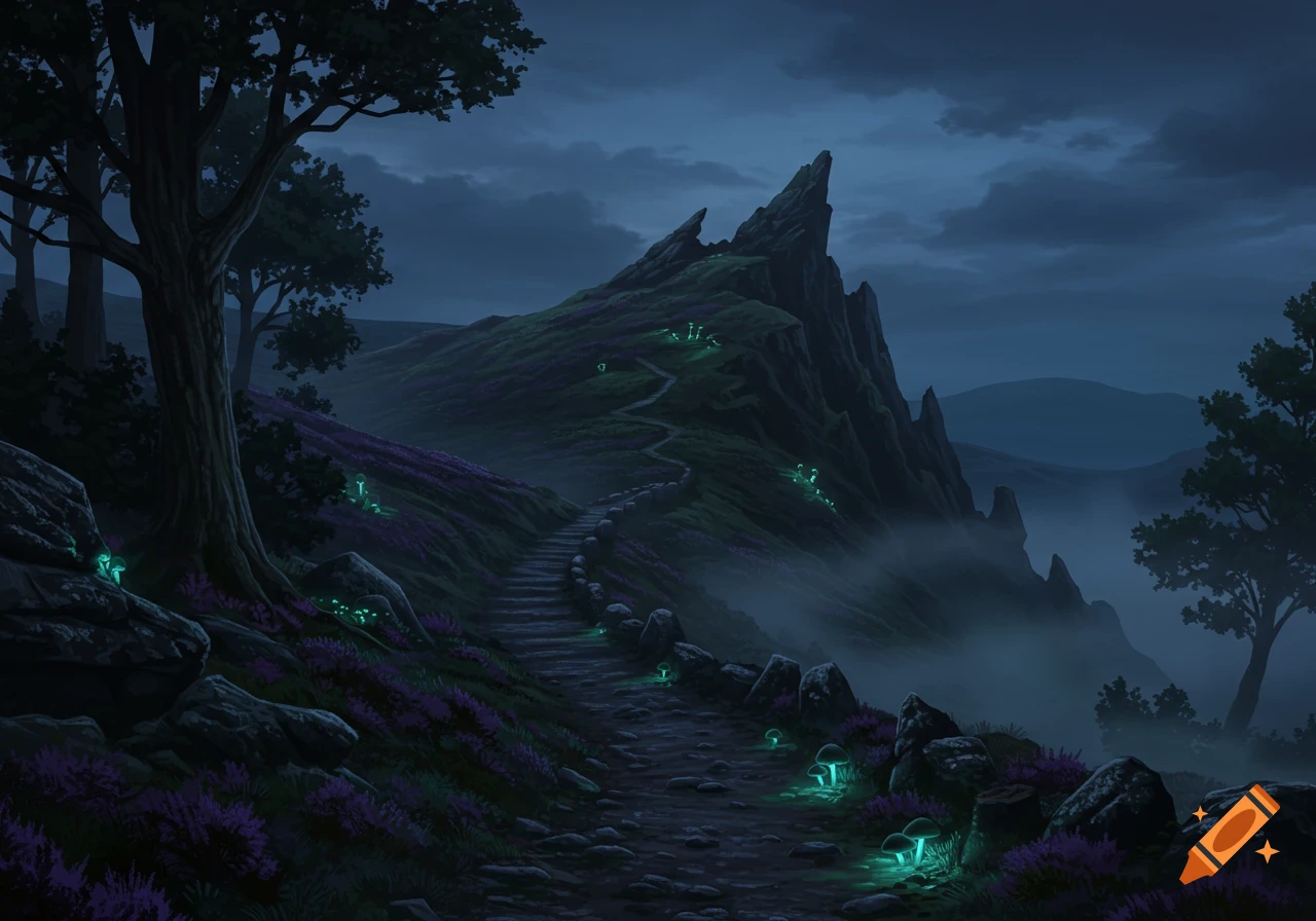 A winding stone path leads up a dark, misty hill covered in purple flowers and glowing mushrooms, with tall trees and a jagged peak under a cloudy sky.