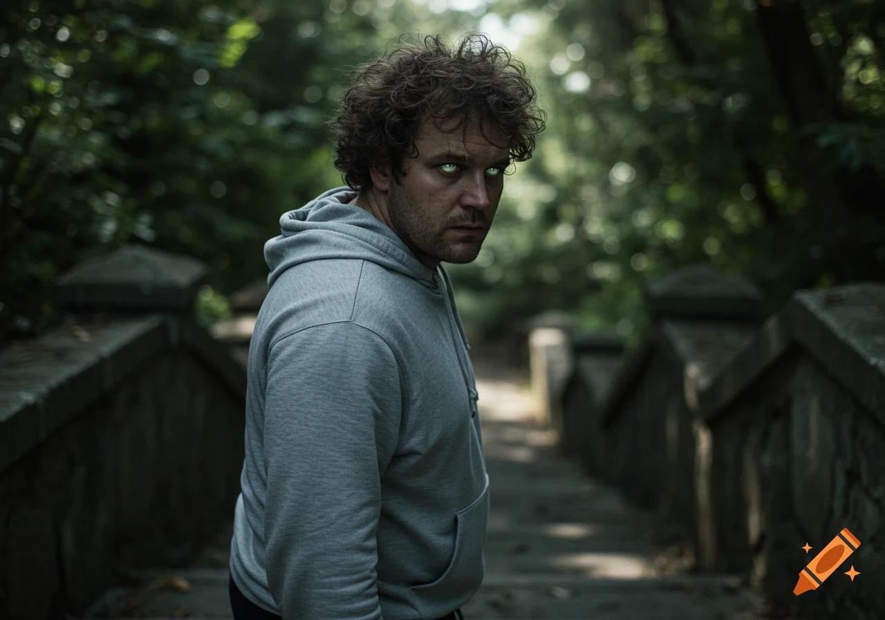 A man with curly hair and glowing green eyes in a gray hoodie stands on a stone staircase in a forest, looking at the camera, photorealistic.