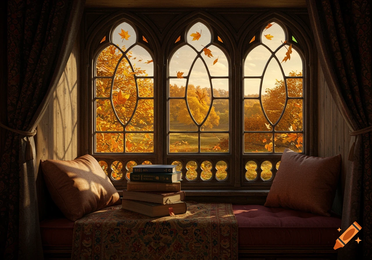 A cozy padded window seat with a stack of books, overlooking a vibrant autumn landscape through gothic-style windows.