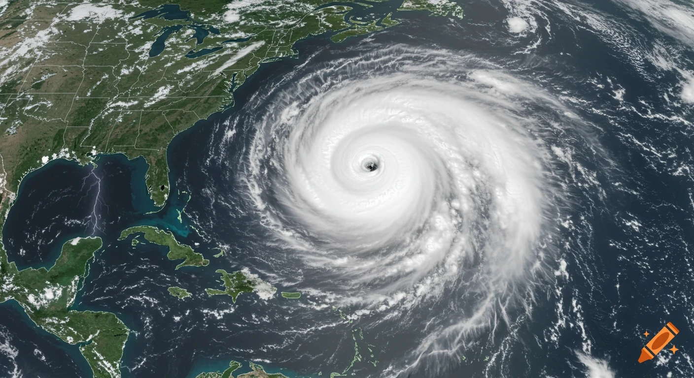 Photorealistic satellite image of a massive hurricane with a clear eye over the Atlantic Ocean, approaching the East Coast of North America.