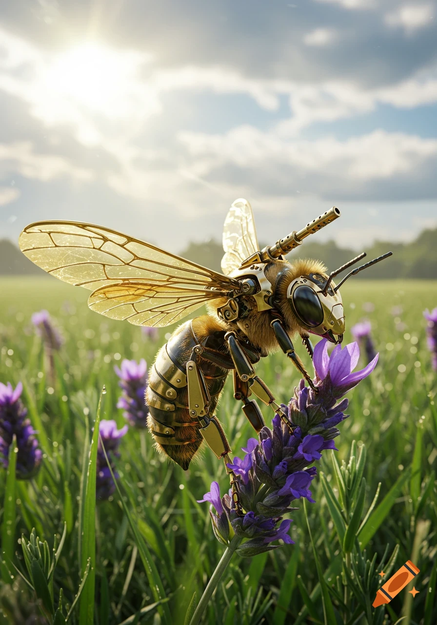 Photorealistic steampunk bee with a cannon on its back, perched on a purple lavender flower in a sunny green field.