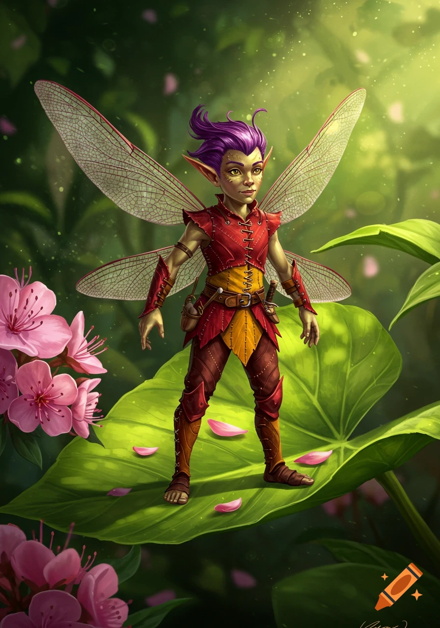 A small male pixie with purple hair and dragonfly wings, wearing red and yellow leather, stands on a large green leaf with pink flowers. Fantasy art.