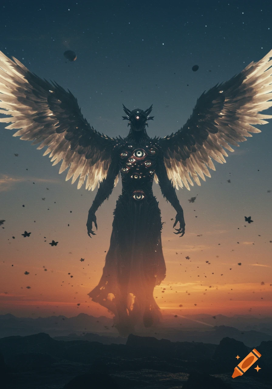 Giant, dark, winged creature with multiple eyes on its body and head, hovers over a mountainous planet at sunset with a starry sky.