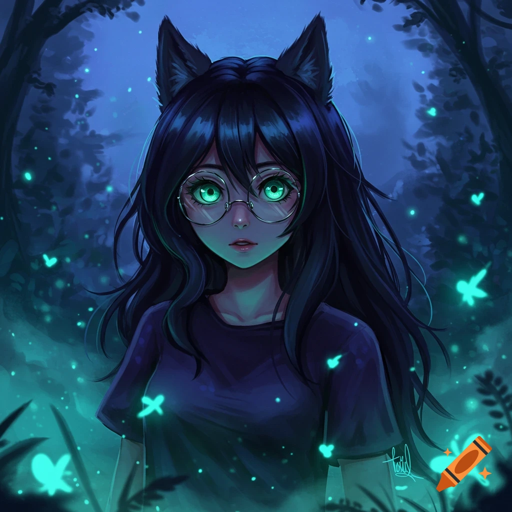 Anime girl with long black hair, wolf ears, round glasses, and glowing green eyes in a dark fantasy forest with fireflies.