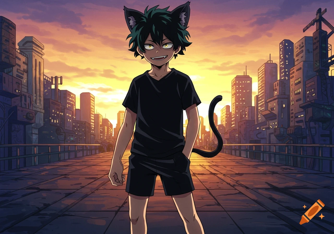 Anime boy with dark green hair, cat ears, yellow eyes, sharp teeth, black t-shirt and shorts, and a black cat tail, standing on a city bridge at sunset.