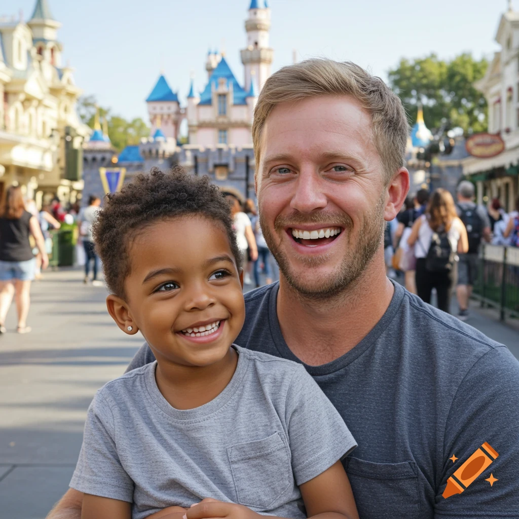 A smiling blonde-haired father holds his son with an Afro buzzcut and earrings in front of a castle at a theme park.