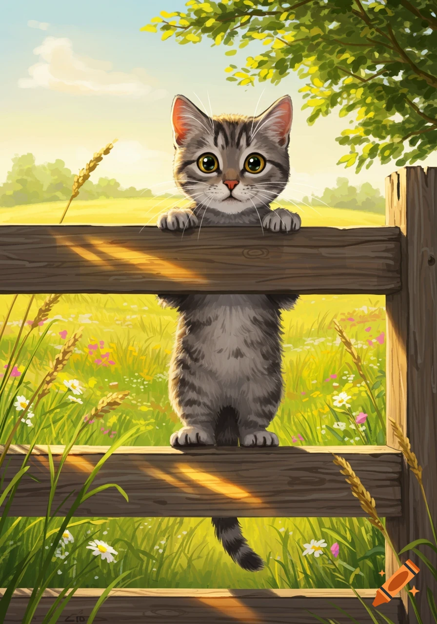 Cute gray tabby kitten with big yellow eyes peeking over a wooden fence in a sunny, green field with wildflowers, illustration.