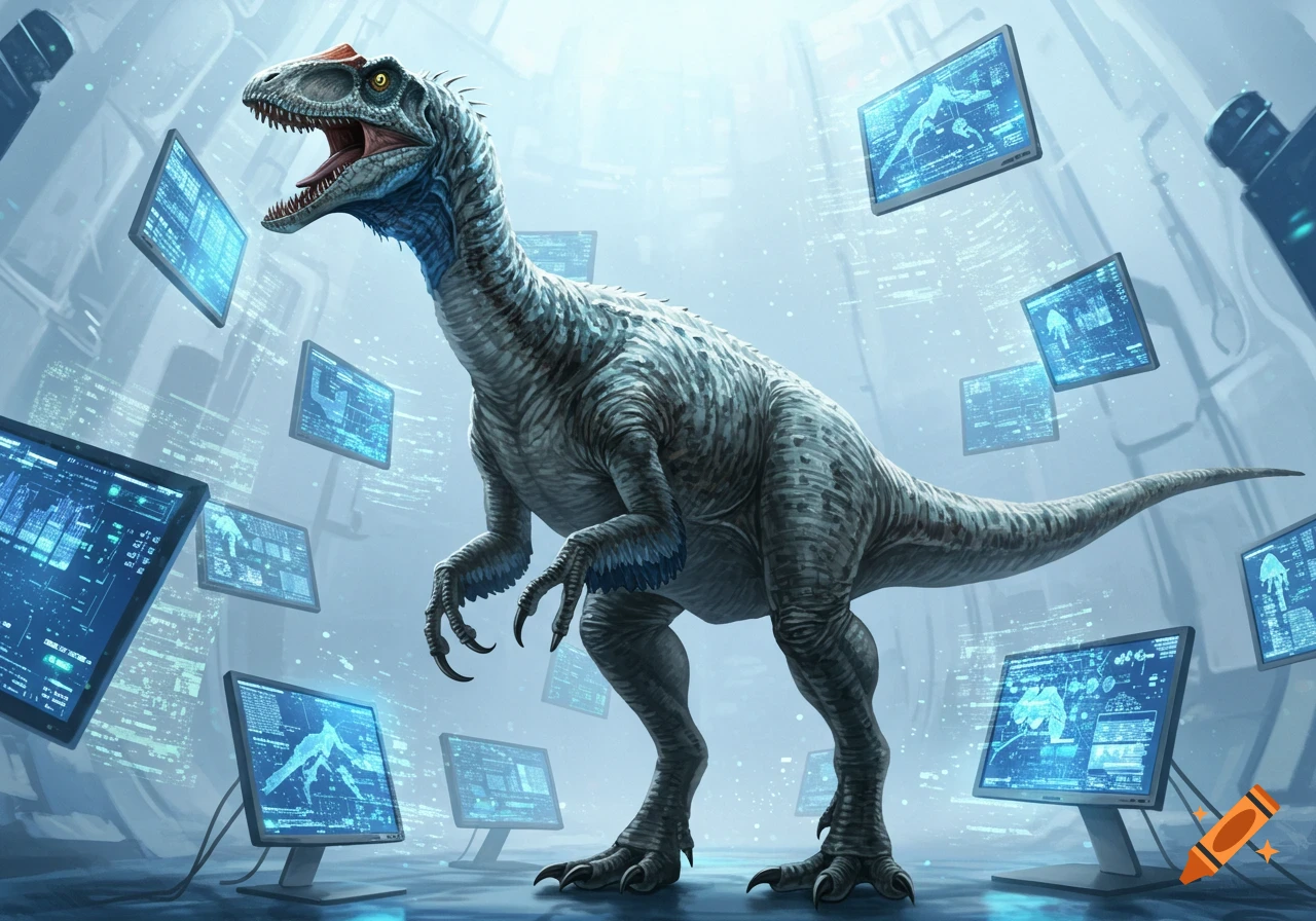 A large, blue-grey dinosaur, resembling a Velociraptor, roars amidst a futuristic room filled with glowing blue computer screens displaying data.